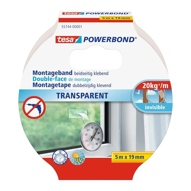 Nastro adesivo tesa Powerbond trasparente - Extra sottile - Supporta fino a 2 kg - Ideale per vetro, piastrelle, gesso e plastica