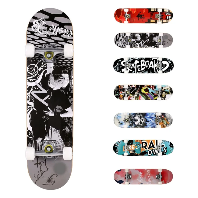 Weskate Skateboard Completo 31 x 8 - 7 Strati di Acero - Nero/Bianco