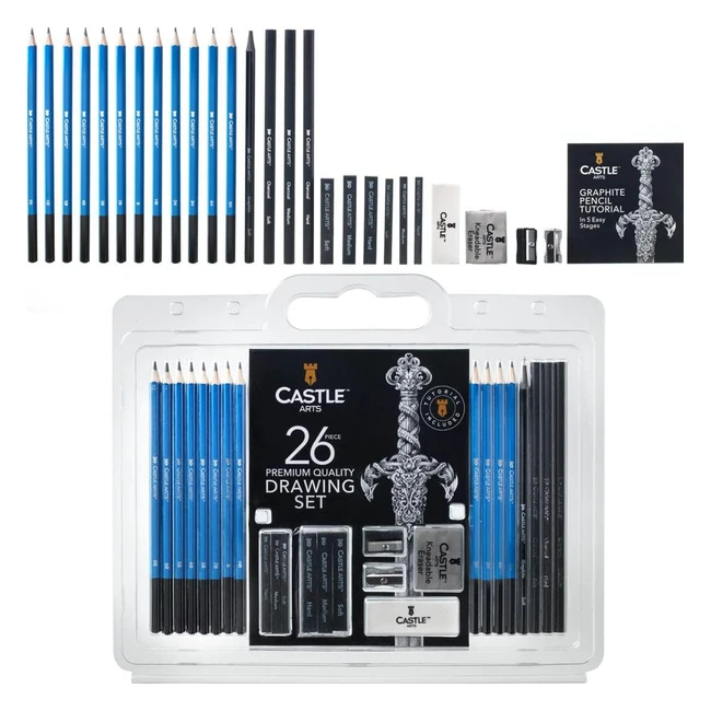 Castle Art Supplies 26-Piece Premium Drawing Set for Artists - Professionals or Beginners - Pencils, Charcoal, Graphite, and More