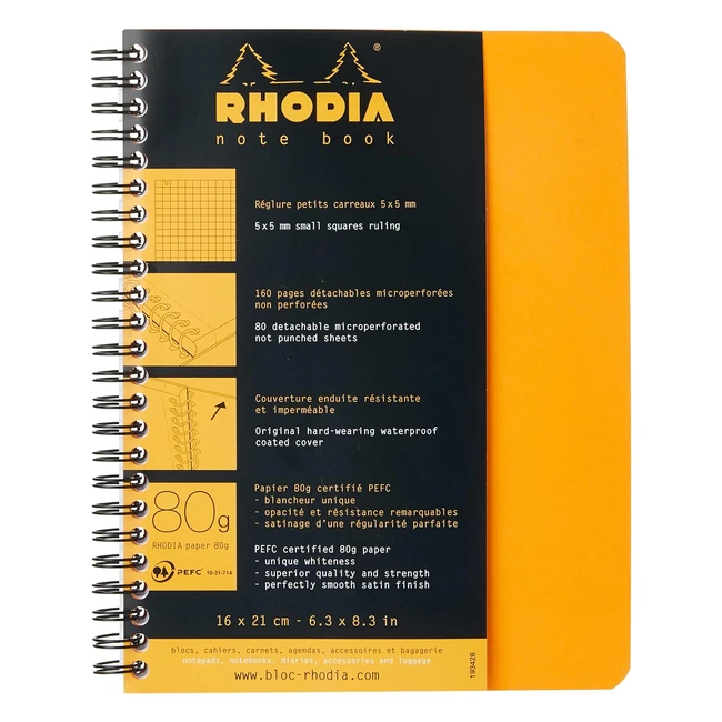 Quaderno a spirale Rhodia 16x21cm 80 pagine staccabili, carta Clairefontaine bianca 80g, copertina arancione