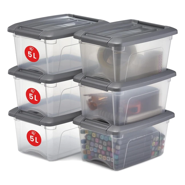 AmazonBasics Set 6 Aufbewahrungsboxen 5L mit Clips stapelbar Wohnzimmer Schlafzimmer Garage NTB5 Transparent Grau