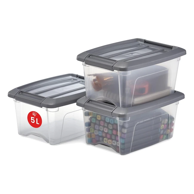 AmazonBasics Set of 3 Aufbewahrungsboxen 5 l mit Clips stapelbar Wohnzimmer Schlafzimmer Garage NEU Top Box NTB5 transparent grau