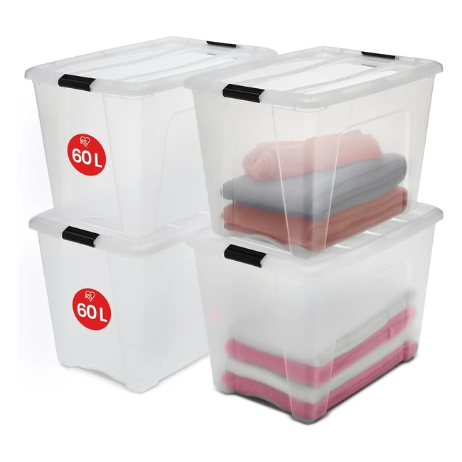 Iris Ohyama Stapelbare Aufbewahrungsboxen mit Klickverschluss, transparentem Kunststoffdeckel, 60 l, 4er-Set