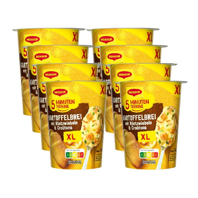 Maggi 5-Minuten Terrine XL Kartoffelpüree mit gerösteten Zwiebeln und Croutons - Leckeres Fertiggericht - Sofortige Kartoffelpüree - Herzhafter Kartoffelsnack - 8er Pack (8 x 76 g)