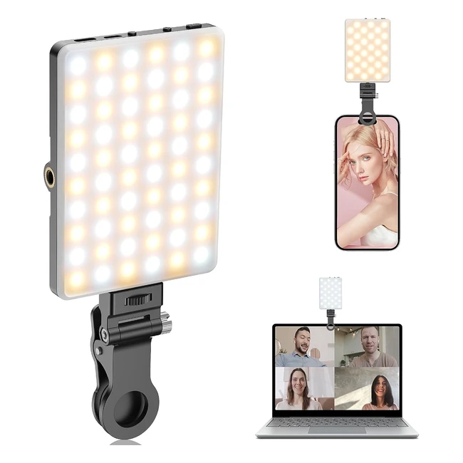 Lampe Selfie Portable 60 LED Rechargeable - Clip et Double Trou de Vis - 14 Lumière d'Appareil Photo - 2500-9000K - iPhone Android Ordinateur Portable - Noir