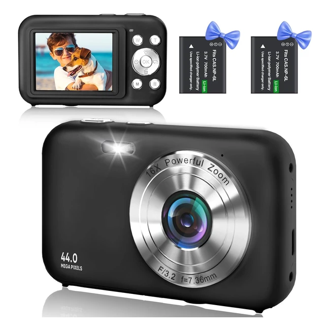 Appareil photo numérique compact 1080p HD 44MP enfant rechargeable avec zoom numérique 16x - Noir