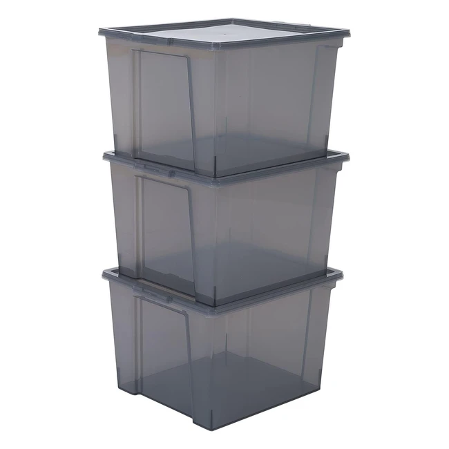 Iris Ohyama Storage Boxes - Stackable Inside Out - 30L (3 Pack) - BPA Free - Grey