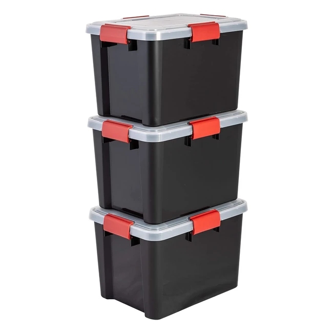 Iris Ohyama Aufbewahrungsboxen 20 Liter mit Clips stapelbar für Garage Keller Dachboden luftdichte Box ATSD Schwarz Set aus 3