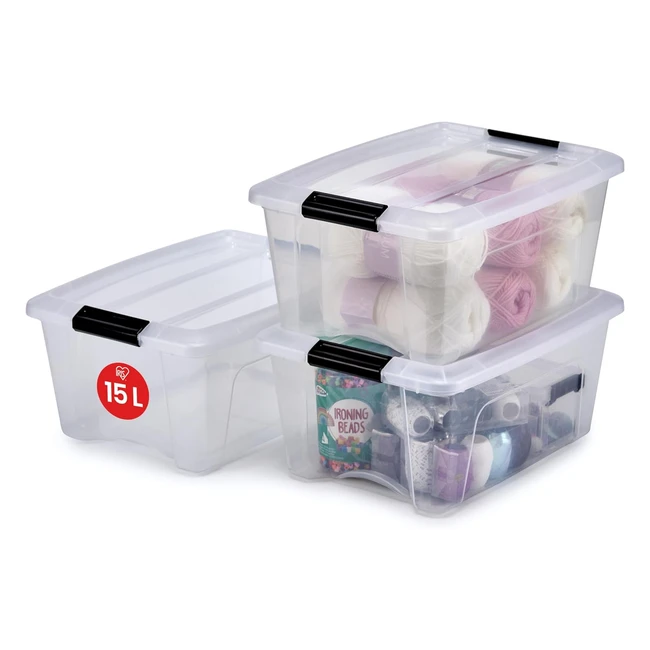 Iris Ohyama 103428 NTB15 Stapelbare Aufbewahrungsboxen mit Klickverschluss, transparenter Kunststoffdeckel, 15 l, Set aus 3