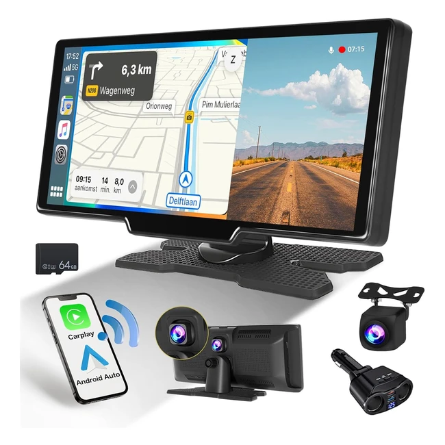 Monitor Touchscreen Portatile Hikity da 93 con Carplay e Android Auto Wireless - Fotocamera Anteriore e Posteriore - 64GB TF - Bluetooth - WiFi - GPS - Navigatore Siri