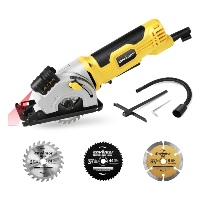 Enventor Mini Circular Saw 580W 4000rpm - Compact Electric Saw with 3 Blades - Laser Guide - Wood, Metal, Tile, Plastic - Corded