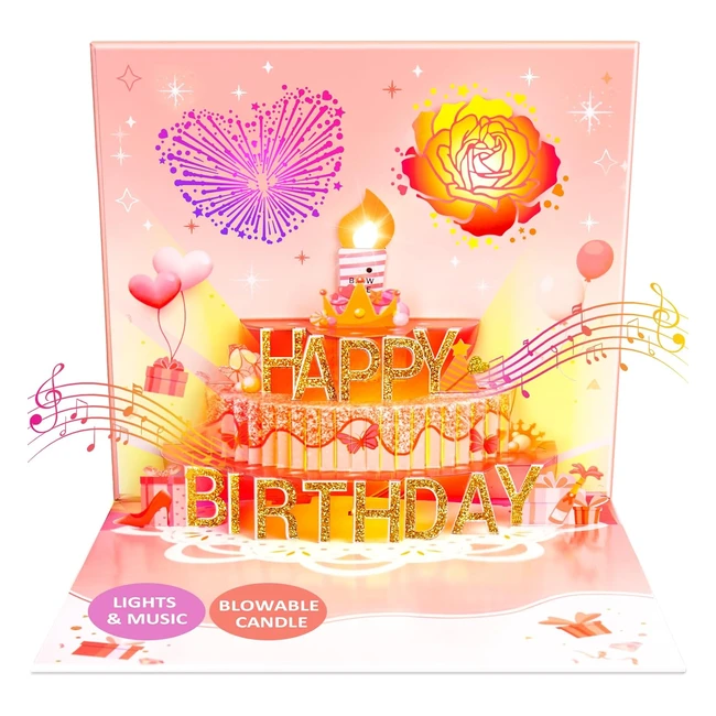 Fitmite Birthday Cards - Musical Pop Up Happy Birthday Card with Light and Blowable Candle - Rose Gold