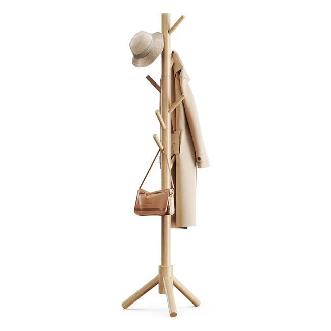 Pipishell Coat Rack Wooden Stand - 3 Height Options, 8 Hooks - Sturdy & Freestanding