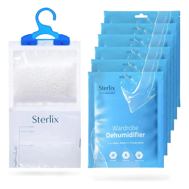 Sterlix 6 Pack Hanging Wardrobe Dehumidifier Bags | Moisture Control | Prevent Damp, Mold, Mildew | Ideal for Wardrobes, Closets, Bookcases