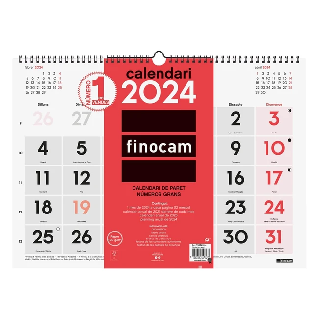 Calendario de pared Finocam 2024 con números grandes - Enero a Diciembre - Catalán