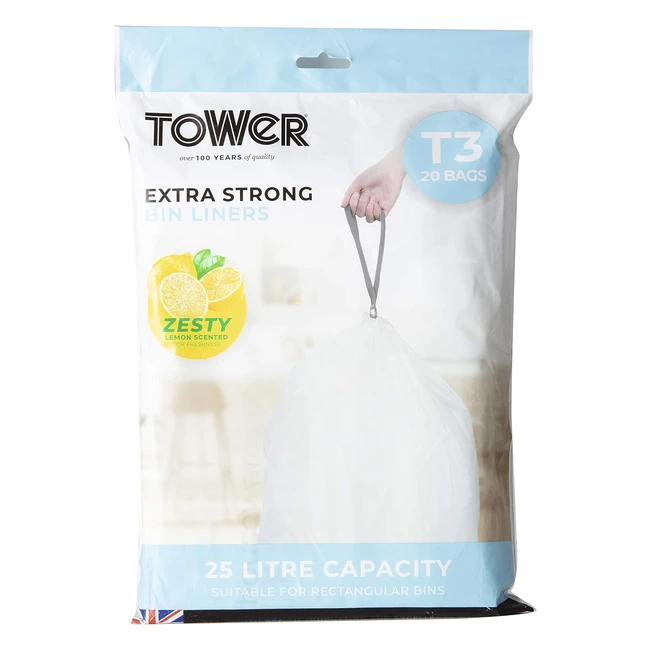 Tower T878002 Kitchen Bin Bag 25L - Lemon Scented - Heavy Duty - Drawstring - Waste Bin Liners - 20 Pack - White