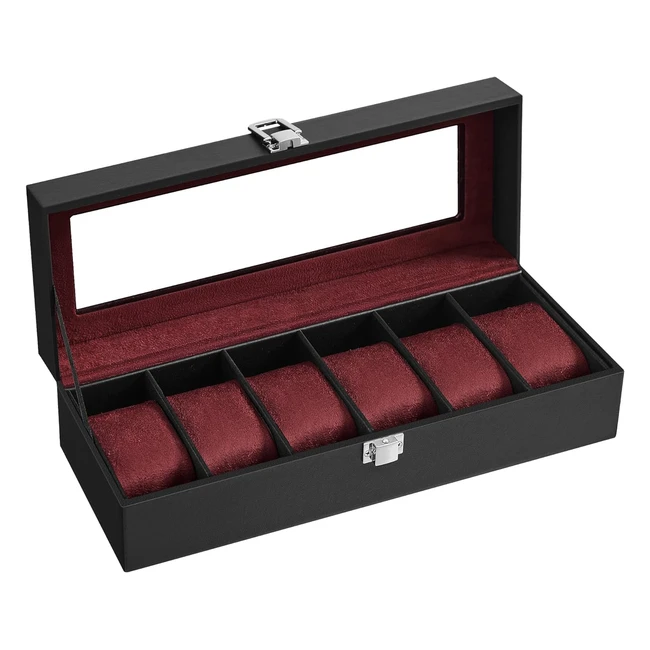 Boîte à montres Songmics 6 emplacements avec couvercle en verre, serrure en métal, revêtement noir et doublure rouge bordeaux