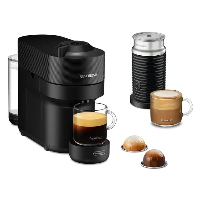 Nespresso Delonghi ENV90BAE Vertuo Pop Kaffeekapselmaschine Aeroccino Milchaufschäumer 4 Tassen Größen Centrifusion Technologie Willkommenspaket inklusive 1260W Lakritz Schwarz