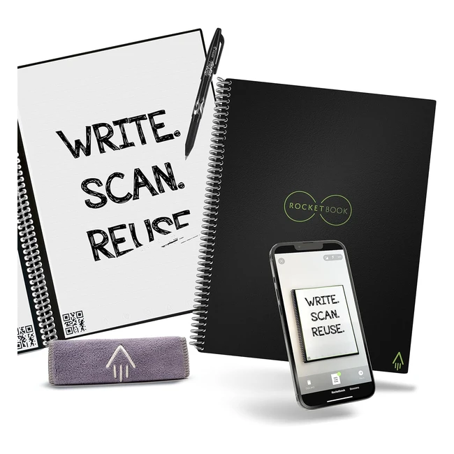 Rocketbook Cahier de Note Effaçable Réutilisable A4 Noir - Stylo Frixion Inclus