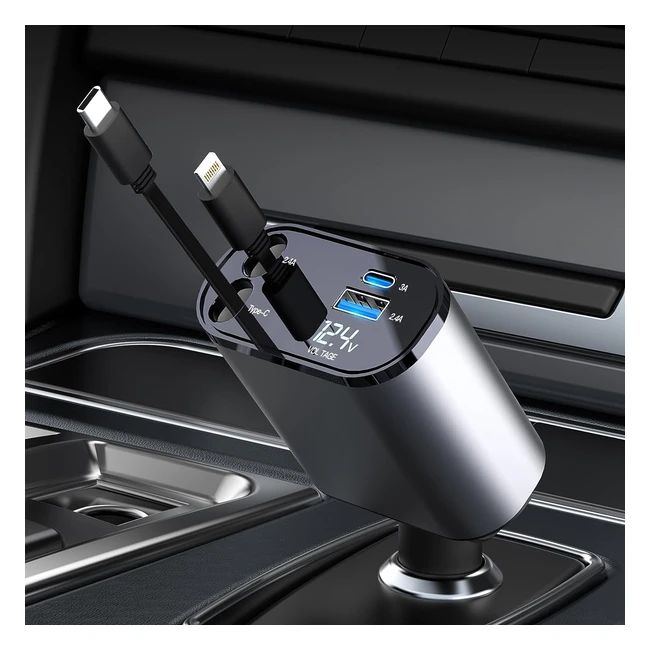Chargeur de voiture rétractable 60W - Charge rapide 4 en 1 - Pour iPhone, iPad, Galaxy, Google, Huawei