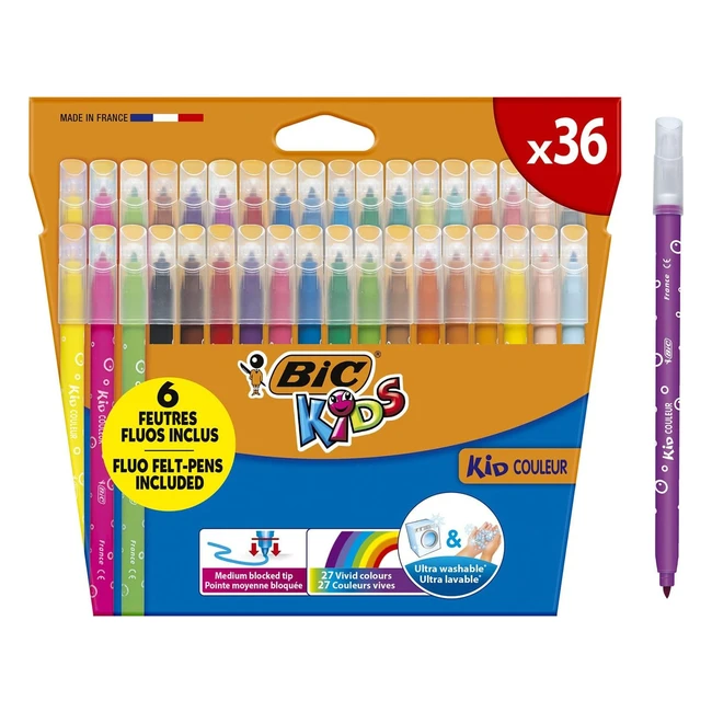 Feutres de coloriage ultra lavables Bic Kids Kid Couleur - 36 couleurs assorties