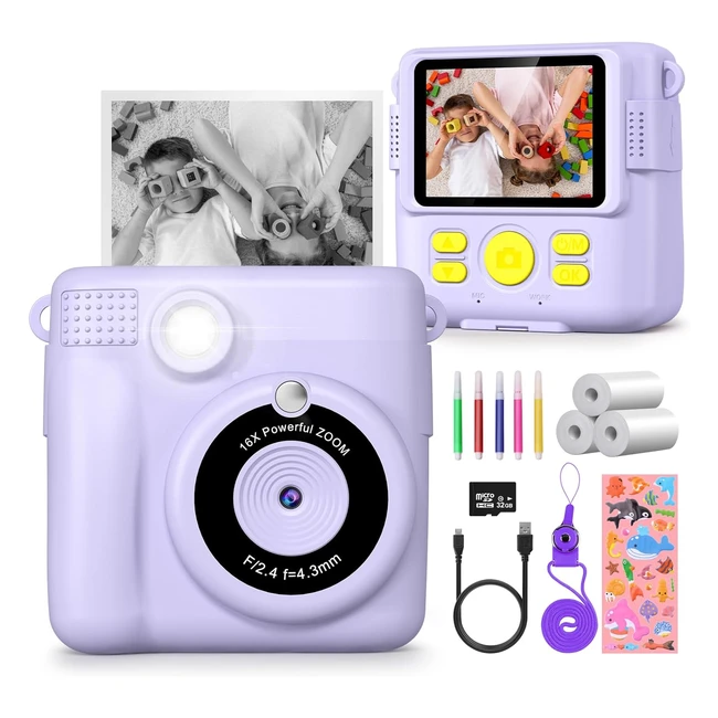 Kids Camera 1080p Instant Camera for Girls - 16x Digital Zoom - 32GB Card - Birt