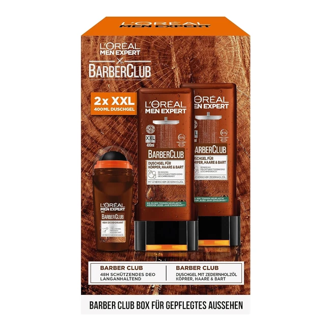 L'Oréal Men Expert Geschenkset für Männer mit XXL Duschgel und Roll-On Deodorant mit Zedernholzöl - Männer Geschenkset Barber Club Box 2x 400 ml, 1x 50 ml