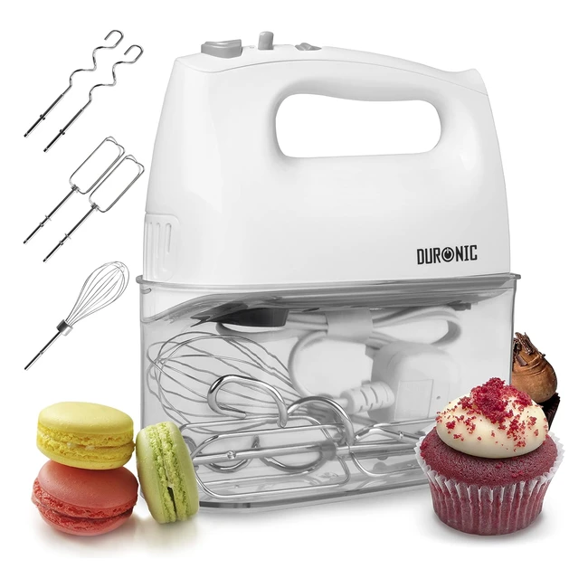 Duronic Hand Mixer HM4W - White, 5 Speed Turbo, 400W, 2 Beaters, 2 Dough Hooks, 1 Whisk