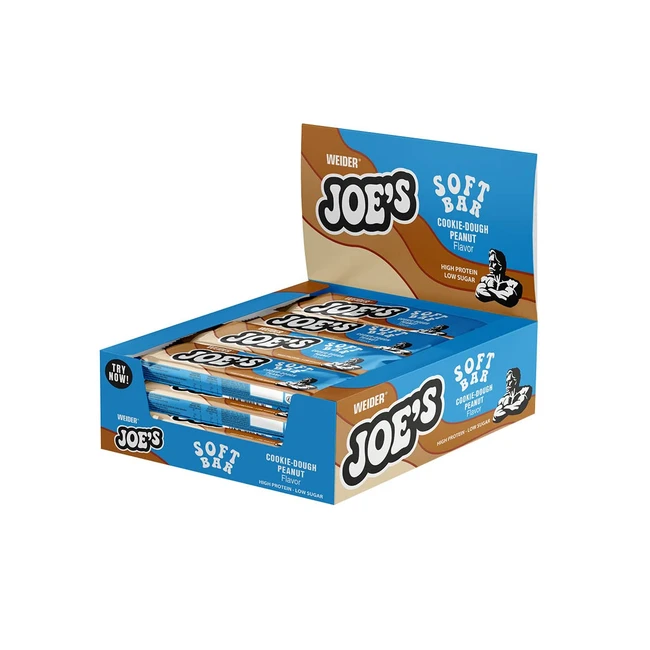 Weider Joes Soft Bar - Extra Soft Proteinkern - Leckere Karamellschicht - Zarte Milchschokoladenüberzug - Low Sugar - Peanut Cookiedough Geschmack - Aufbewahrungsbox 12 x 50 g
