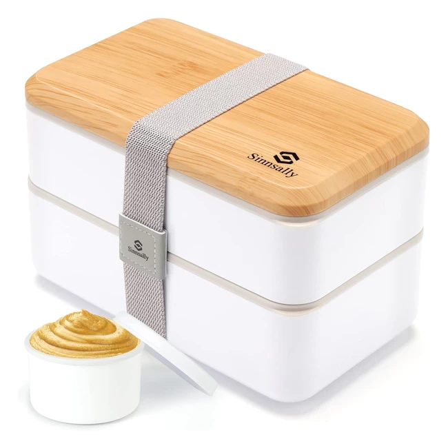 Boite Lunchbox Bento Sinnsally 1400ml avec Couverts et Pots Sauce - Boite Repas Japonaise pour Salade - Etanche - Blanc
