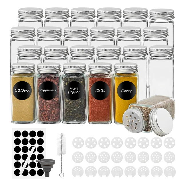 Conjunto de 24 tarros de especias de cristal 120ml - Botes para especias con tamiz y etiquetas