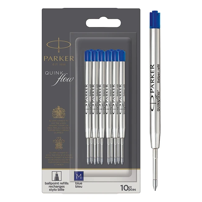 Parker Ballpoint Pen Refills - Medium Point - Blue Quinkflow Ink - 10 Count