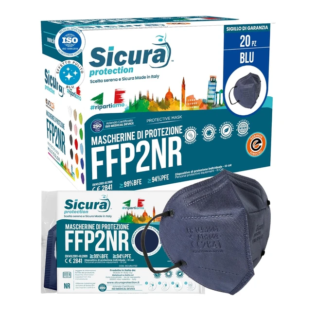 20 Mascherine FFP2 Blu Certificato CE Sicura Protection Made in Italy BFE 99 - Effetto Pulito e Sigillate Singolarmente