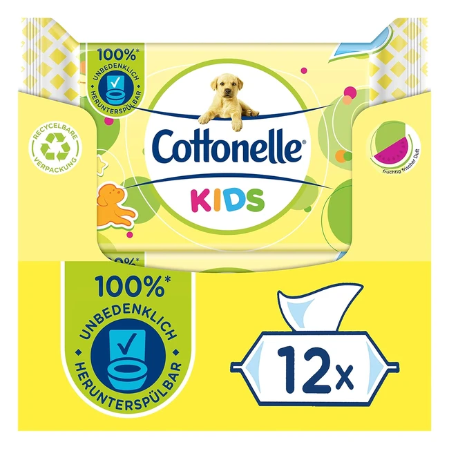 Cottonelle Kids Feuchtes Toilettenpapier, fruchtiger Duft, biologisch abbaubar, plastikfrei, wiederverschließbare Value Packung 12 x 42 Feuchttücher