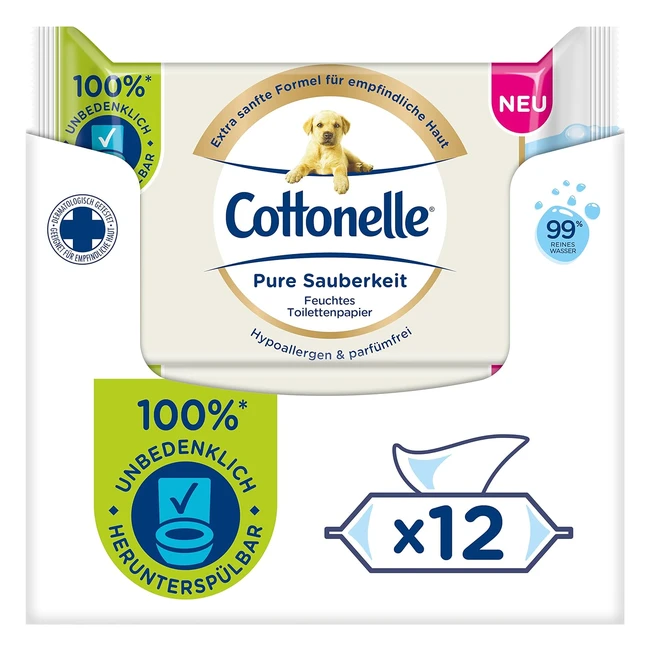 Cottonelle Pure Cleanliness Feuchtes Toilettenpapier Ultra Sensitiv 99 Wasser 12 x 38 Tücher Duftfrei Hypoallergen