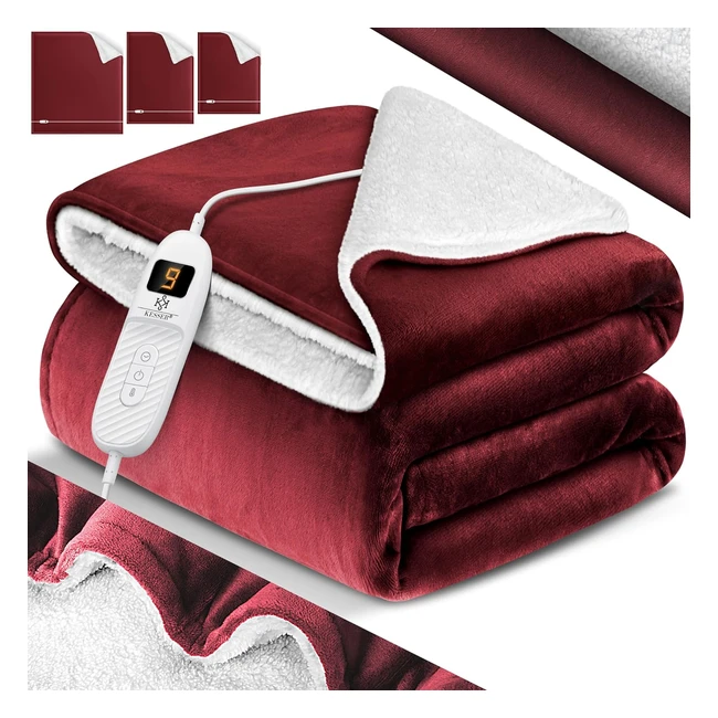 Kesser Elektrische Decke mit Abschaltautomatik 160 x 120 cm Doppelseitige Wärmedecke Kuscheldecke Bett Sofa 9 Temperaturstufen Waschbar bis 40°C mit Timer Digitale Anzeige Bordeaux Rot