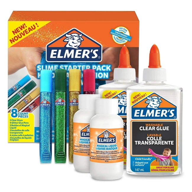 Kit de base pour slime Elmers - Colle transparente PVA, stylos colle pailletée, activateur magique pour slime en solution liquide - Lot de 8 produits