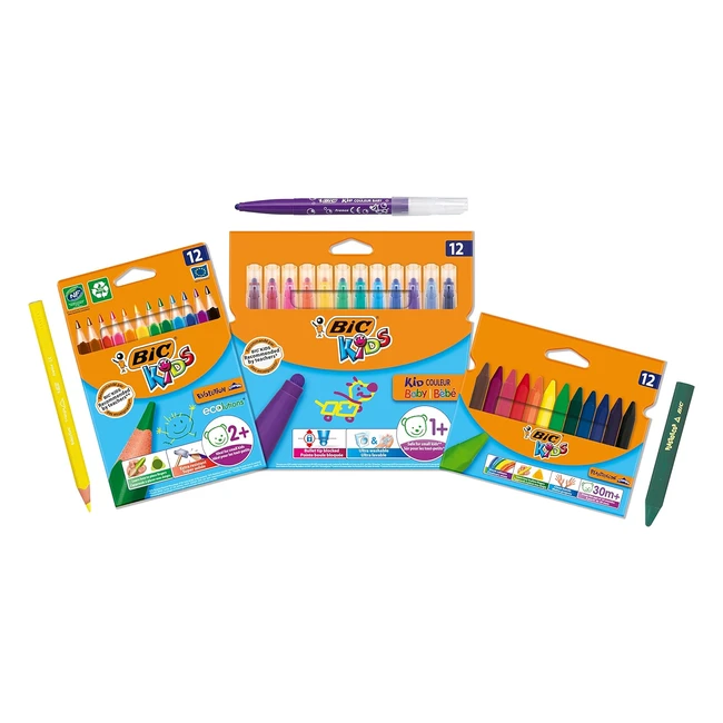 Set colori BIC Kids per bambini - 12 matite, 12 pennarelli, 12 pastelli a cera - Scuola e casa