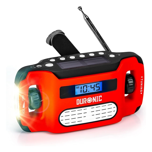 Duronic Wind Up Solar Radio - AM/FM, LED Torch, Alarm Clock - USB Rechargeable