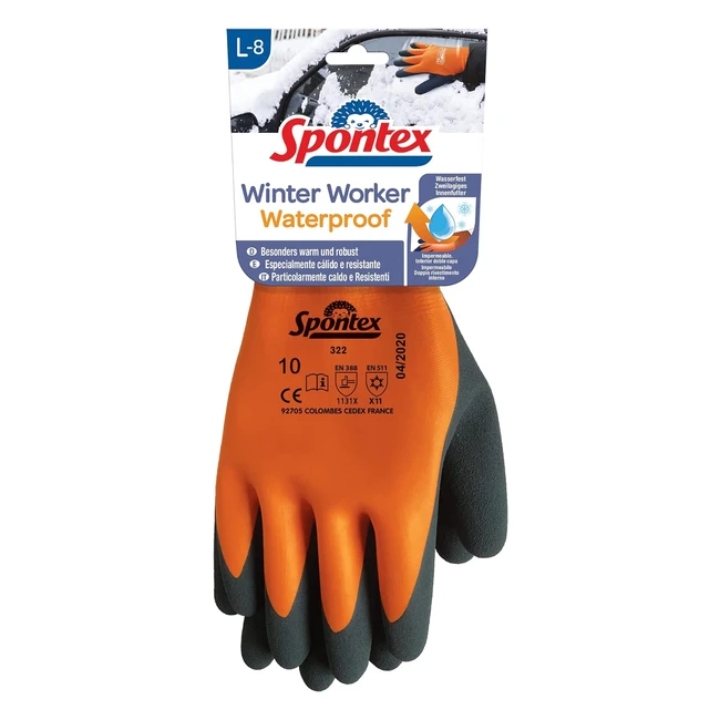 Spontex Winter Worker wasserdichte Handschuhe, doppelte Fütterung, hoher Kälteschutz, Latexbeschichtung, Größe L, 1 Paar, Orange/Schwarz