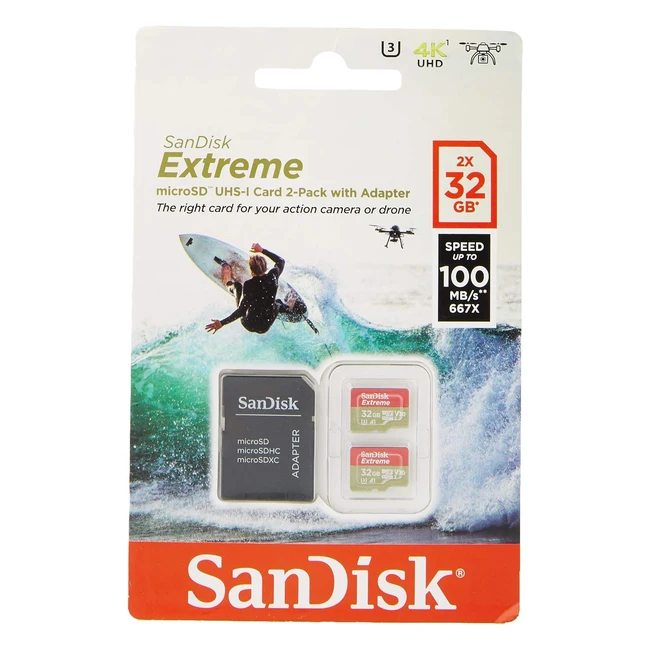 SanDisk Extreme microSDHC 2 x 32 GB UHS-I Speed Class 3 - Bis zu 100 MB/s schreiben - 60 MB/s - Klasse 10 - Speicherkarte mit SD-Adapter