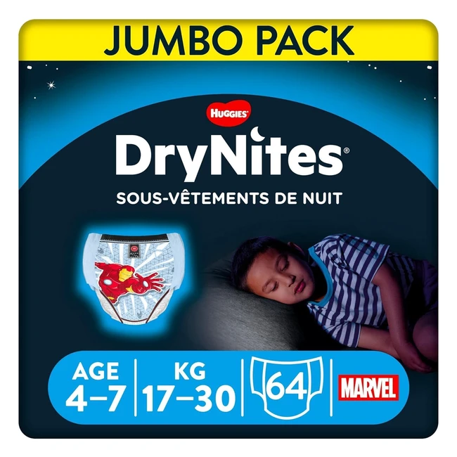 Culottes de nuit Huggies DryNites ultra-absorbantes pour garçons 4-7 ans - 4 paquets de 16