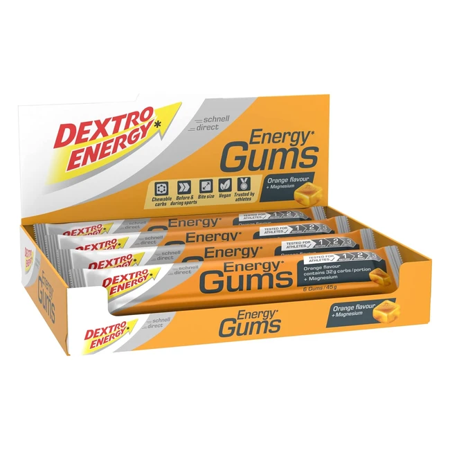 Dextro Energy Gums - Orange, Magnesium - Pocket Size Energy On the Go - Vegan - 8 x 45g