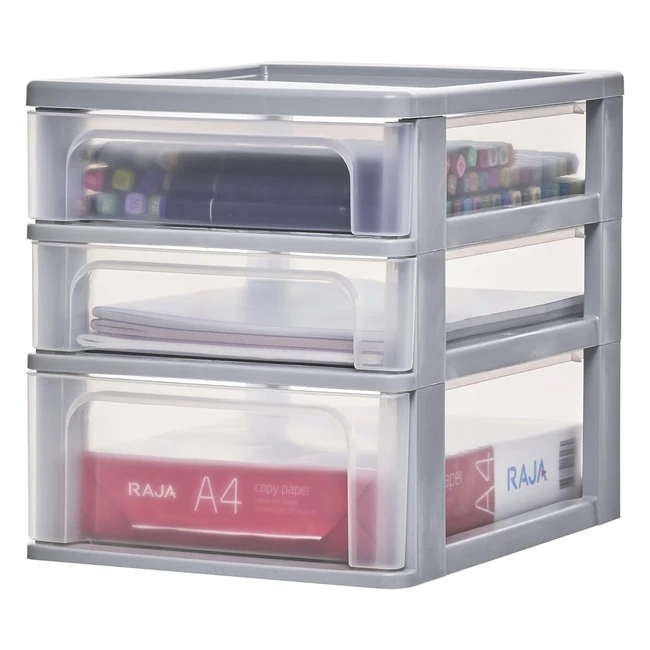 Iris Ohyama Small Storage Drawers - A4 Format, 3 Drawers, BPA Free - Grey