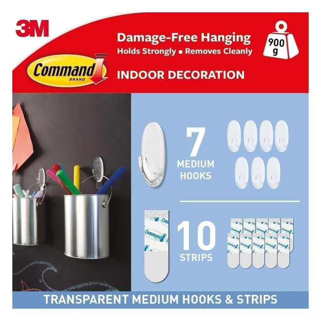 Command Clear Medium Hooks - Multi Pack of 7 Hooks with 10 Adhesive Strips - Damage Free Hanging