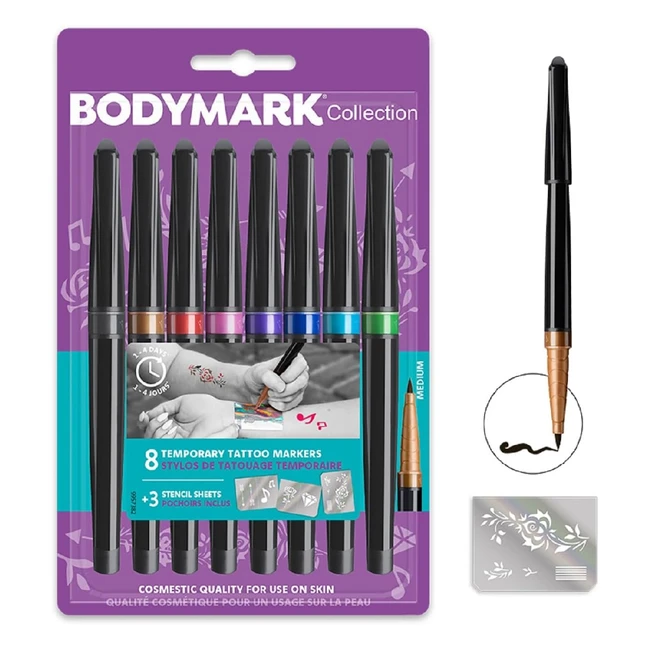 BIC BodyMark Collection: Temporary Tattoo Markers - 8 Colors, 3 Stencil Sheets