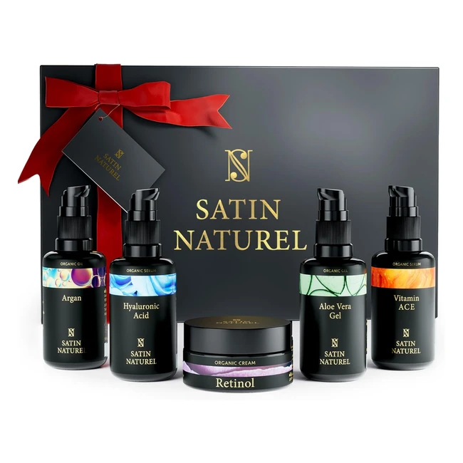 Valentines Gifts for Her - Satin Naturel Gift Set with Hyaluronic Acid Serum, Vitamin C Serum, Aloe Vera Gel, Argan Oil - 5x30ml