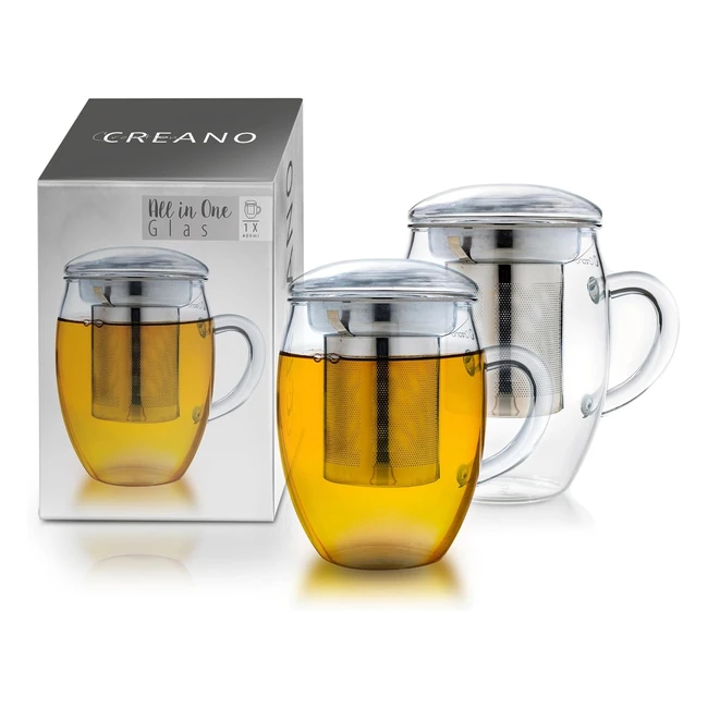 Creano Tea Glass with Stainless Steel Infuser and Lid - Large 400ml - Microwave 
