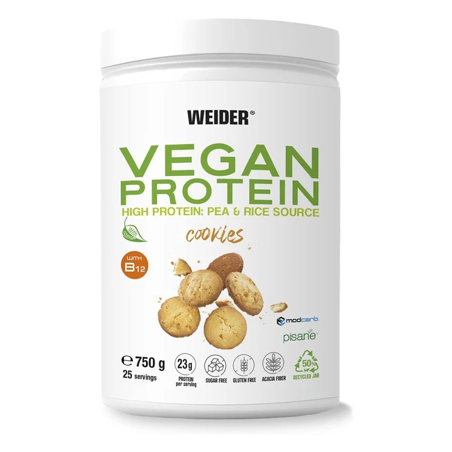 Weider Vegan Protein 750g - Gusto Cookies - Proteine Vegane - 23g/dose - Isolate di Piselli e Riso - Vitamina B12 - Stevia - Senza Glutine - Senza Zucchero - Contenitore 50% Riciclato