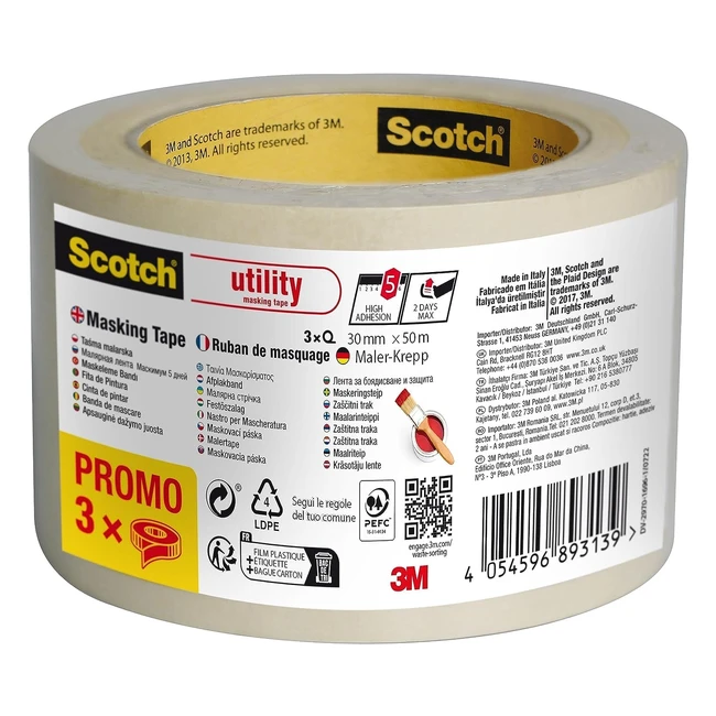 Ruban de masquage Scotch Utility Beige - Promo Pack 3 rouleaux 30mm x 50m - Peinture et décoration